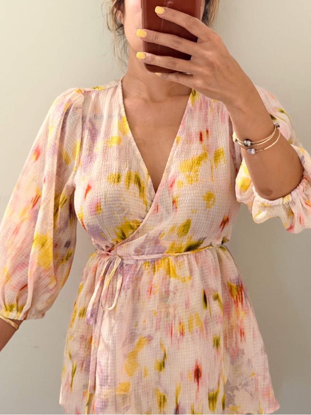 Future Collective | Women's Floral Print 3/4 Sleeve V-Neck Wrap Top